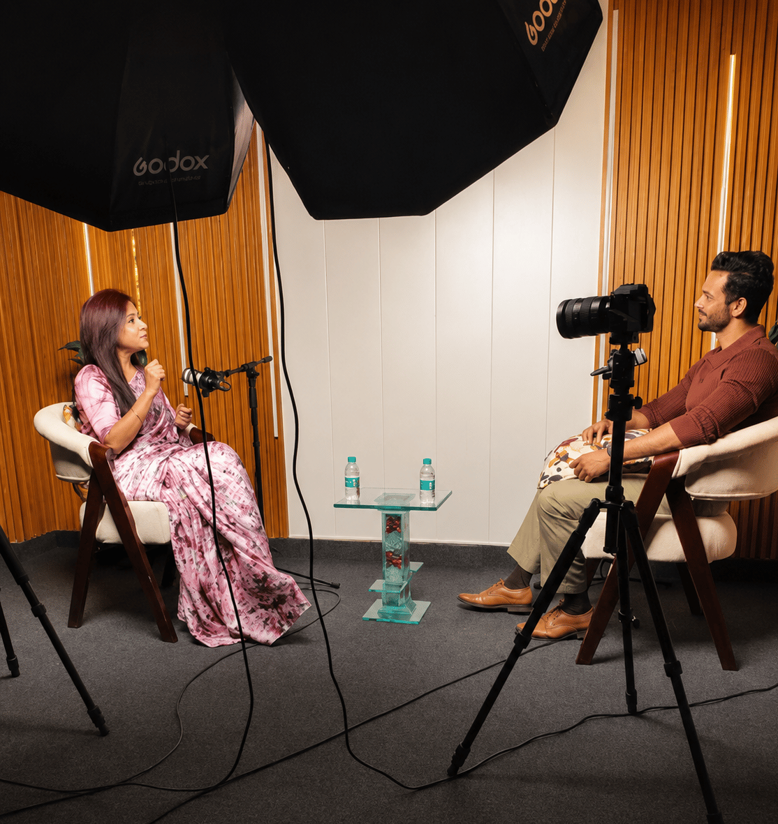 Aditya Raj Kashyap recording a podcast interview in the studio